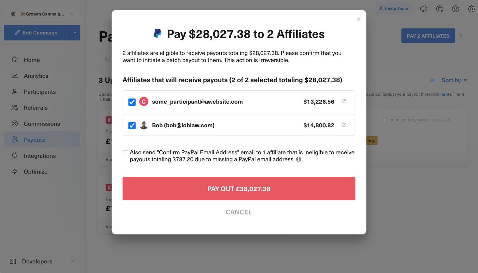 admin payouts section