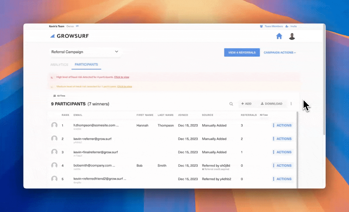 Bulk Fraud Blast in GrowSurf