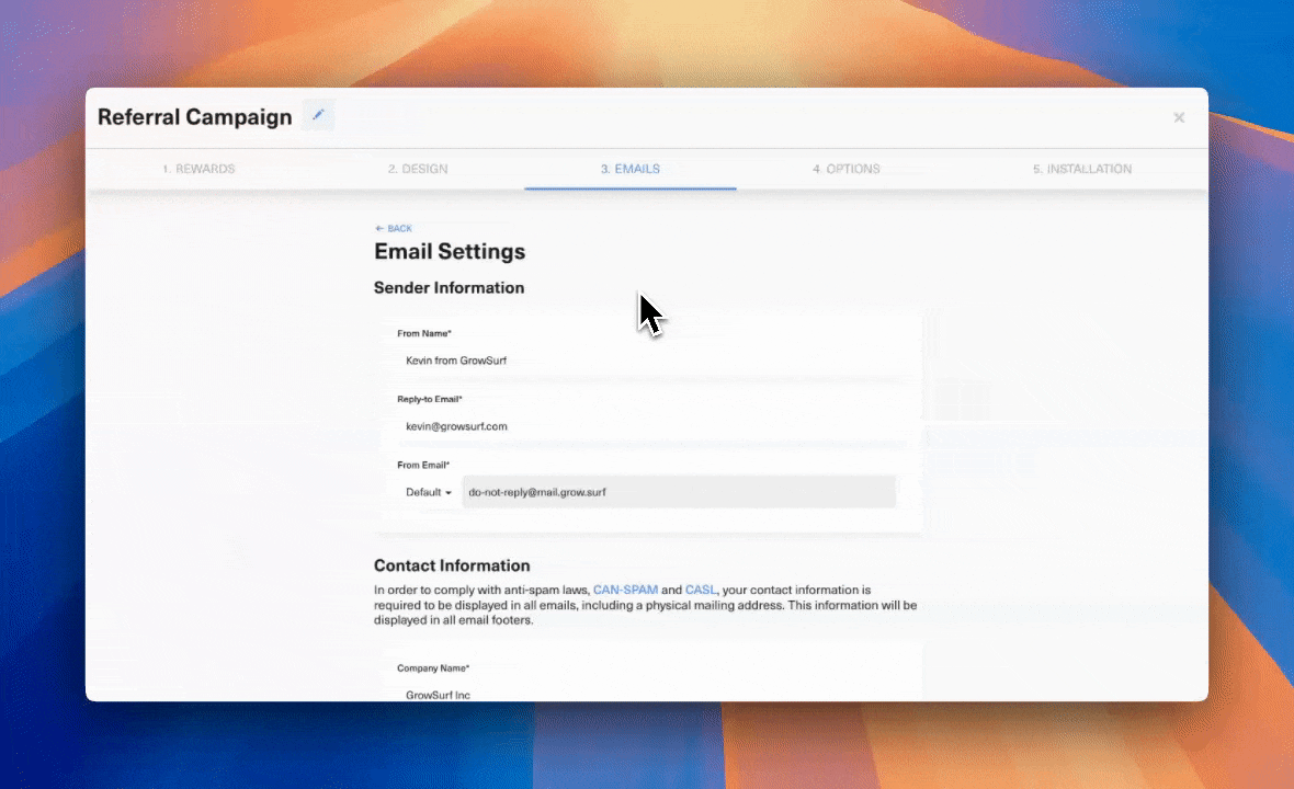 Customize 'From' Email Address in GrowSurf