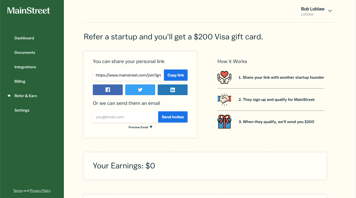 Referral program dashboard