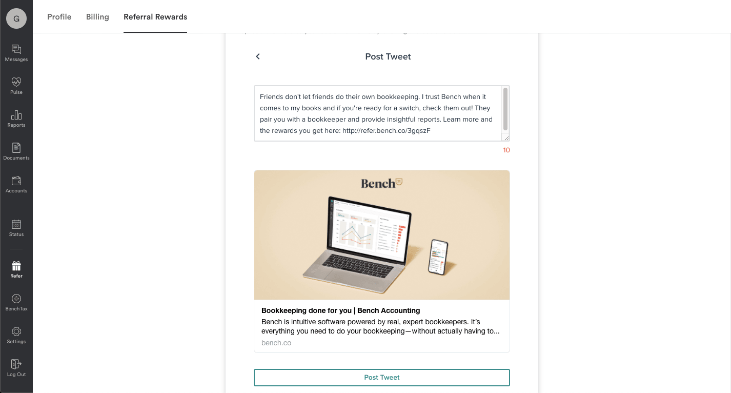 Twitter referral message